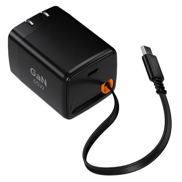 Cargador retráctil Nova AD-782 65W USB-C negro vista frontal con cable extendido