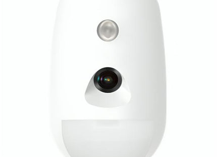 Detector PIR con cámara Hikvision DS-PDPC12P-EG2-WB negro vista frontal mostrando sensor y lente