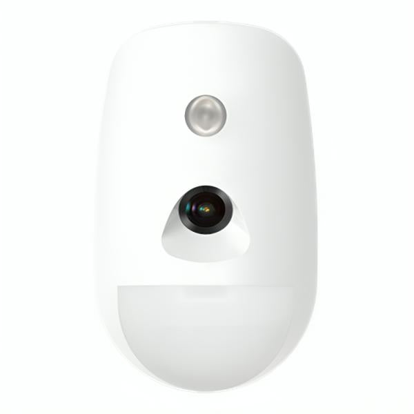 Detector PIR con cámara Hikvision DS-PDPC12P-EG2-WB negro vista frontal mostrando sensor y lente