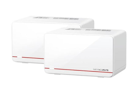 Sistema WiFi Mercusys Halo H37BE vista frontal con ambos equipos mesh blancos