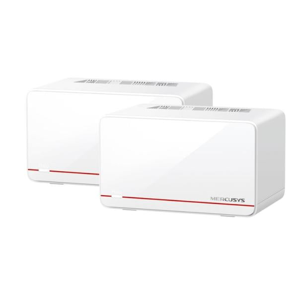 Sistema WiFi Mercusys Halo H37BE vista frontal con ambos equipos mesh blancos