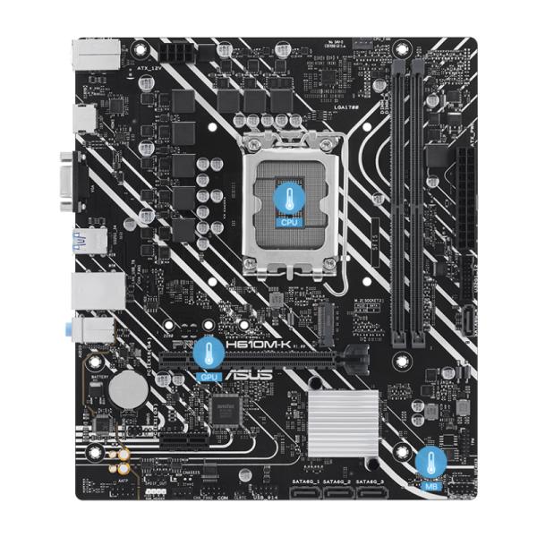 Tarjeta madre ASUS PRIME H610M-K socket LGA1700 vista frontal completa con conectores DDR5