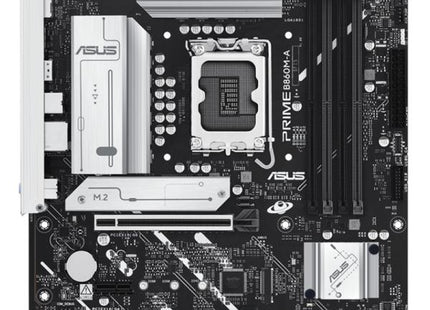 Tarjeta madre ASUS PRIME B860M-A WIFI DDR5 LGA1851 micro ATX vista frontal completa mostrando slots y conectores