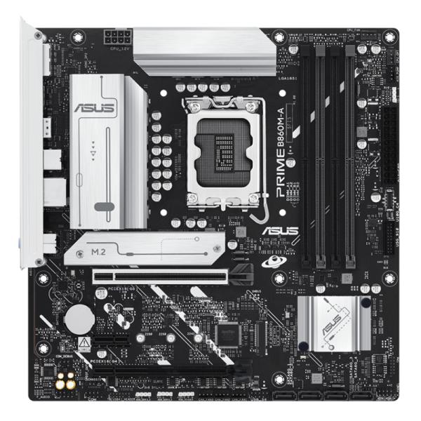 Tarjeta madre ASUS PRIME B860M-A WIFI DDR5 LGA1851 micro ATX vista frontal completa mostrando slots y conectores