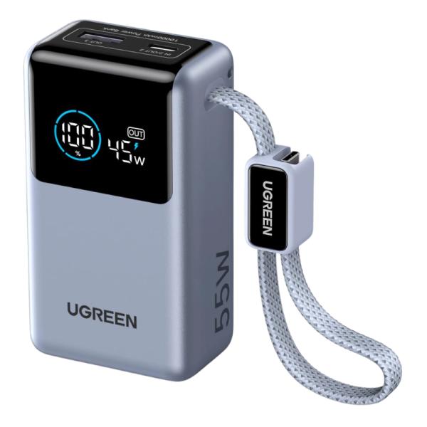 Power Bank UGREEN PB727 gris con pantalla digital y cable USB-C integrado vista frontal