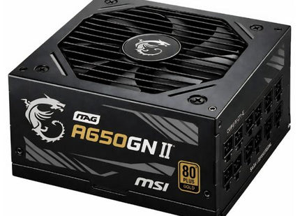 Fuente de poder MSI MAG A650GN II 650W color negro vista frontal con logo MSI