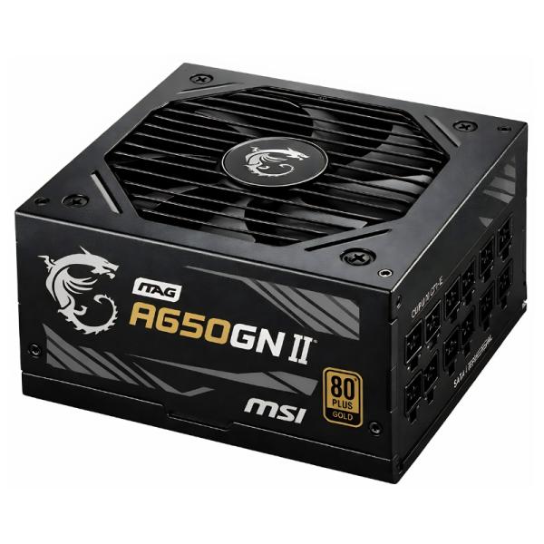 Fuente de poder MSI MAG A650GN II 650W color negro vista frontal con logo MSI