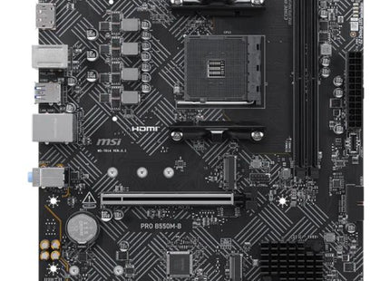 Tarjeta madre MSI PRO B550M-B AM4 mATX vista frontal con socket y slots DDR4