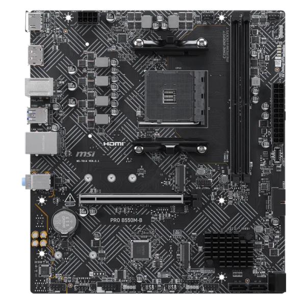 Tarjeta madre MSI PRO B550M-B AM4 mATX vista frontal con socket y slots DDR4