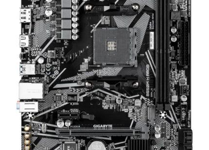 Tarjeta madre Gigabyte B550M H ARGB negra vista frontal con socket AM4 y slots DDR4