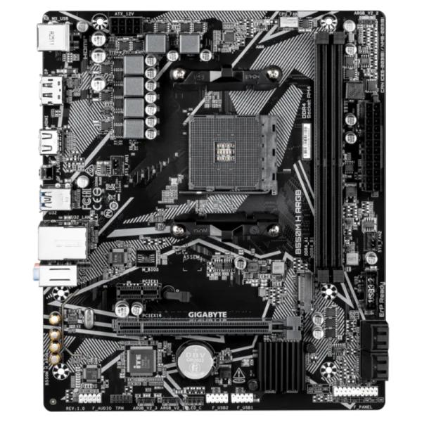 Tarjeta madre Gigabyte B550M H ARGB negra vista frontal con socket AM4 y slots DDR4