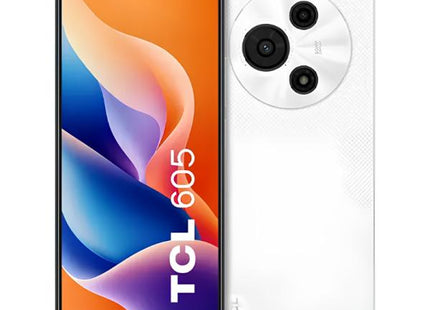 TCL 605 celular blanco vista frontal con pantalla encendida