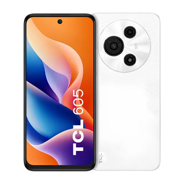 TCL 605 celular blanco vista frontal con pantalla encendida