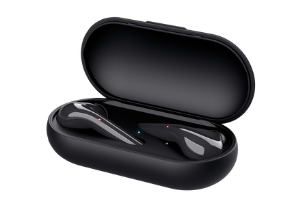 Estuche de carga abierto con audífonos Trust Nika Touch en su interior
