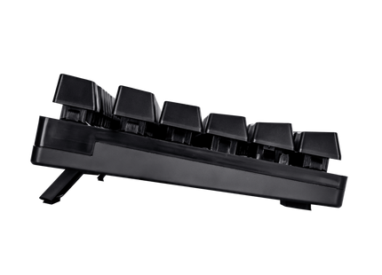 Vista trasera del teclado gaming Trust con cable USB y patas de apoyo