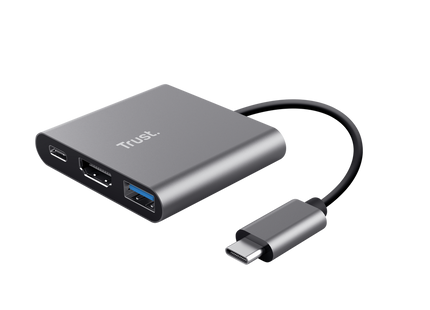 Hub Trust Dalyx 23772 USB-C 3 en 1 con conectores HDMI USB-A y USB-C vista frontal