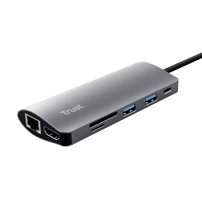 Hub USB-C Trust Dalyx 7 en 1 modelo 23775 vista frontal con puertos