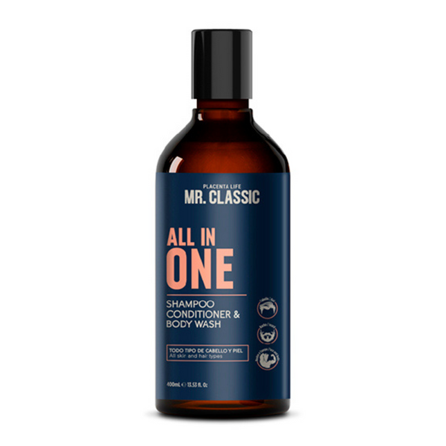 Shampoo All In One Mr. Classic Placent Life | 400ml | Limpieza total para cabello, barba y cuerpo | Ideal para hombres prácticos