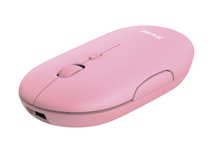Mouse Trust Puck rosa recargable vista lateral mostrando altura de 27mm ultradelgada