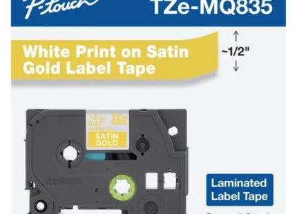 CINTA DE ETIQUETADO BROTHER TZEMQ835G 12MM X 5M COMPATIBLE CON P-TOUCH BLANCO SOBRE FONDO DORADO SATINADO