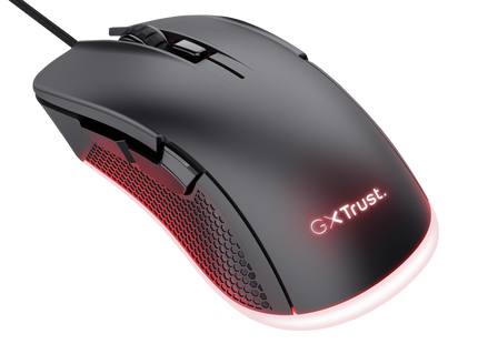 Vista en ángulo del mouse Trust GXT 922 Ybar con iluminación RGB activada