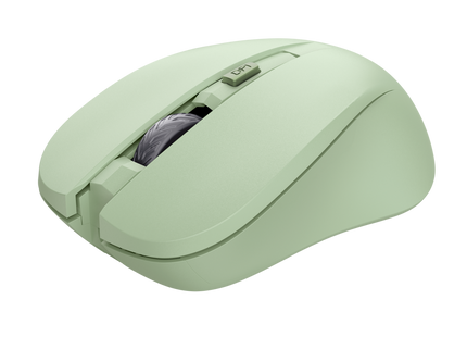 Mouse Trust Mydo verde vista inferior con sensor óptico y compartimento batería