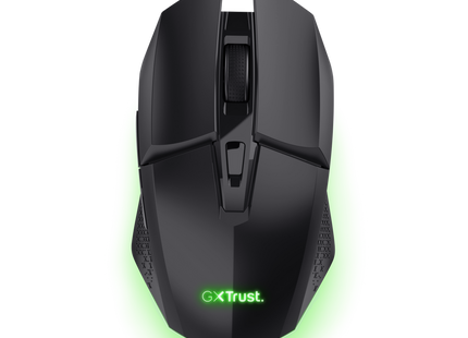 Mouse Trust GXT 112 Felox desde arriba con logo Trust iluminado y scroll wheel