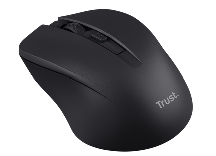 Mouse Trust Mydo silencioso negro vista frontal con receptor USB