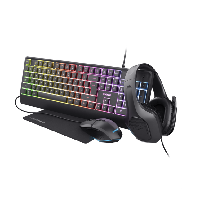 Kit Trust Gaming GXT 792 Quadrox 4 en 1 Teclado Mouse Almohadilla y Audífonos Negro, 25155