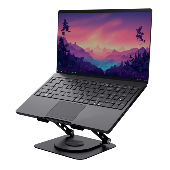 Soporte elevador Trust Zeff con laptop mostrando ángulo ajustable y diseño ergonómico