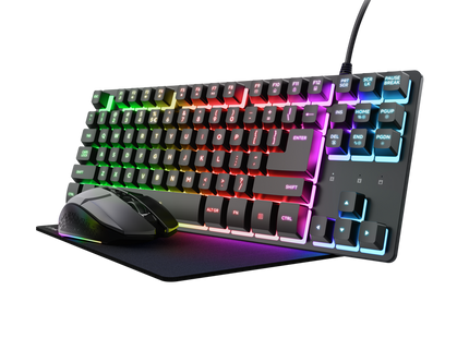 Kit gaming Trust GXT 794 con teclado TKL, mouse inalámbrico y alfombrilla negra