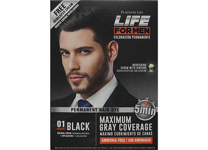 Tinte Life for Men 01 Black 2×35 ml | Placent Life | Coloración sin amoníaco rápida que cubre canas y fortalece con ginseng