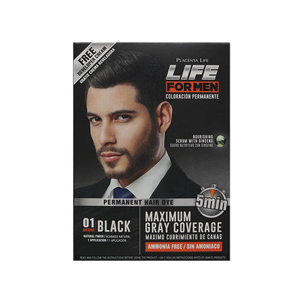 Tinte Life for Men 01 Black 2×35 ml | Placent Life | Coloración sin amoníaco rápida que cubre canas y fortalece con ginseng