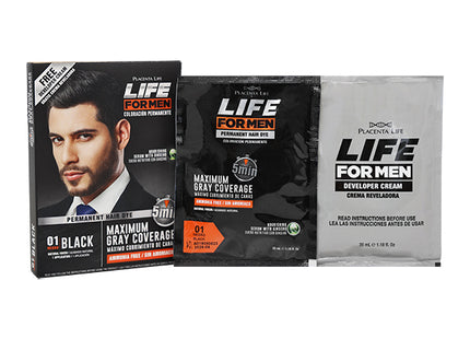 Tinte Life for Men 01 Black 2×35 ml | Placent Life | Coloración sin amoníaco rápida que cubre canas y fortalece con ginseng