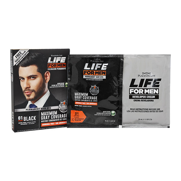 Tinte Life for Men 01 Black 2×35 ml | Placent Life | Coloración sin amoníaco rápida que cubre canas y fortalece con ginseng