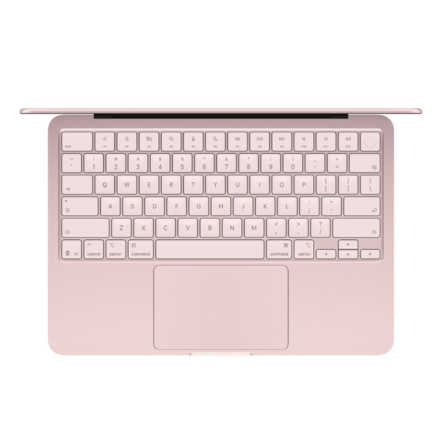 MacBook Neo 13 2026 rosa abierta mostrando pantalla Liquid Retina y teclado