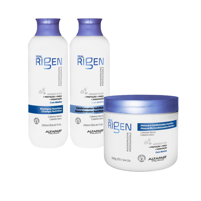 Kit Alfaparf Milano Real Rigen Nutritive 3 Pasos – Shampoo, Acondicionador y Mascarilla