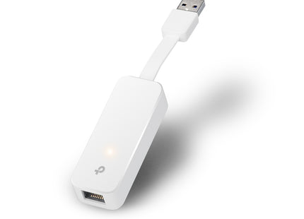 Adaptador de red TP-Link UE300 blanco con puerto Ethernet vista frontal