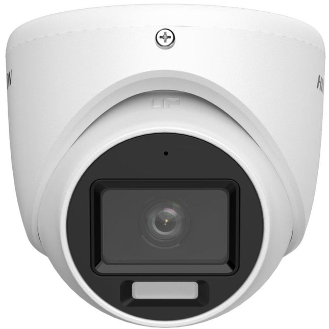 Cámara seguridad Hikvision DS-2CE76D0T-LMFS vista frontal con diseño turret blanco