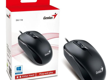 Vista trasera del mouse Genius DX-110 con cable USB y sensor óptico 1000 DPI