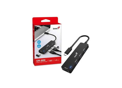 HUB Genius RS2 UH-400 | 4 Puertos USB 2.0 | Alámbrico | Compacto y portátil | Color Negro