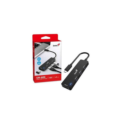 HUB Genius RS2 UH-400 | 4 Puertos USB 2.0 | Alámbrico | Compacto y portátil | Color Negro