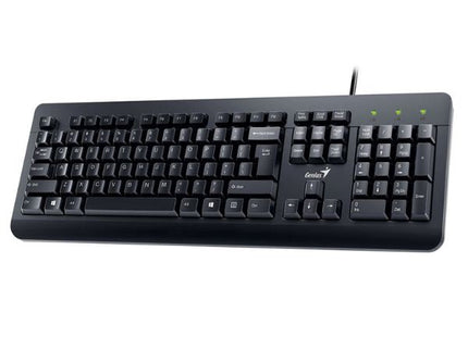 Vista lateral del teclado Genius KM-160 mostrando perfil bajo y teclas
