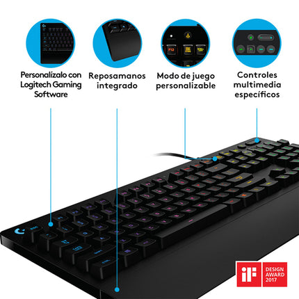 Teclado Gaming RGB Logitech G213 Prodigy | Membrana | Retroiluminación RGB | Inglés