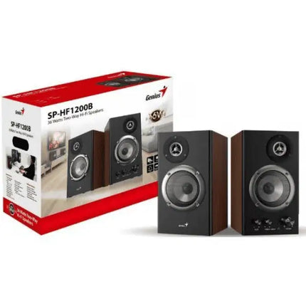 Parlantes Estéreo Genius SP-HF1200B | 2.0 | 36W RMS | Madera | Control de Graves y Agudos | Entrada 3.5mm