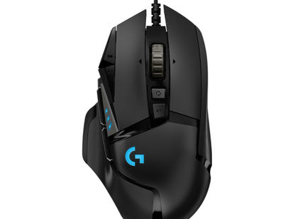 Mouse Gaming Logitech G502 HERO RGB vista frontal con iluminación LED