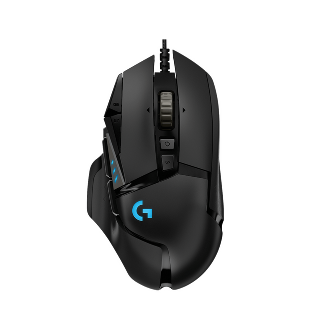 Mouse Gaming Logitech G502 HERO RGB vista frontal con iluminación LED