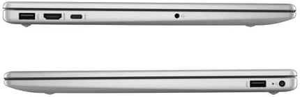 Laptop HP 15-fd0777nr color plateado vista lateral mostrando puertos y conectividad