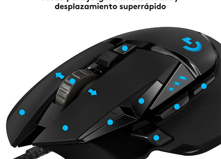 Mouse Gaming Logitech G502 HERO vista trasera con cable alámbrico
