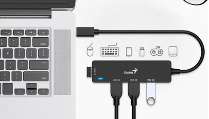 HUB Genius RS2 UH-400 | 4 Puertos USB 2.0 | Alámbrico | Compacto y portátil | Color Negro